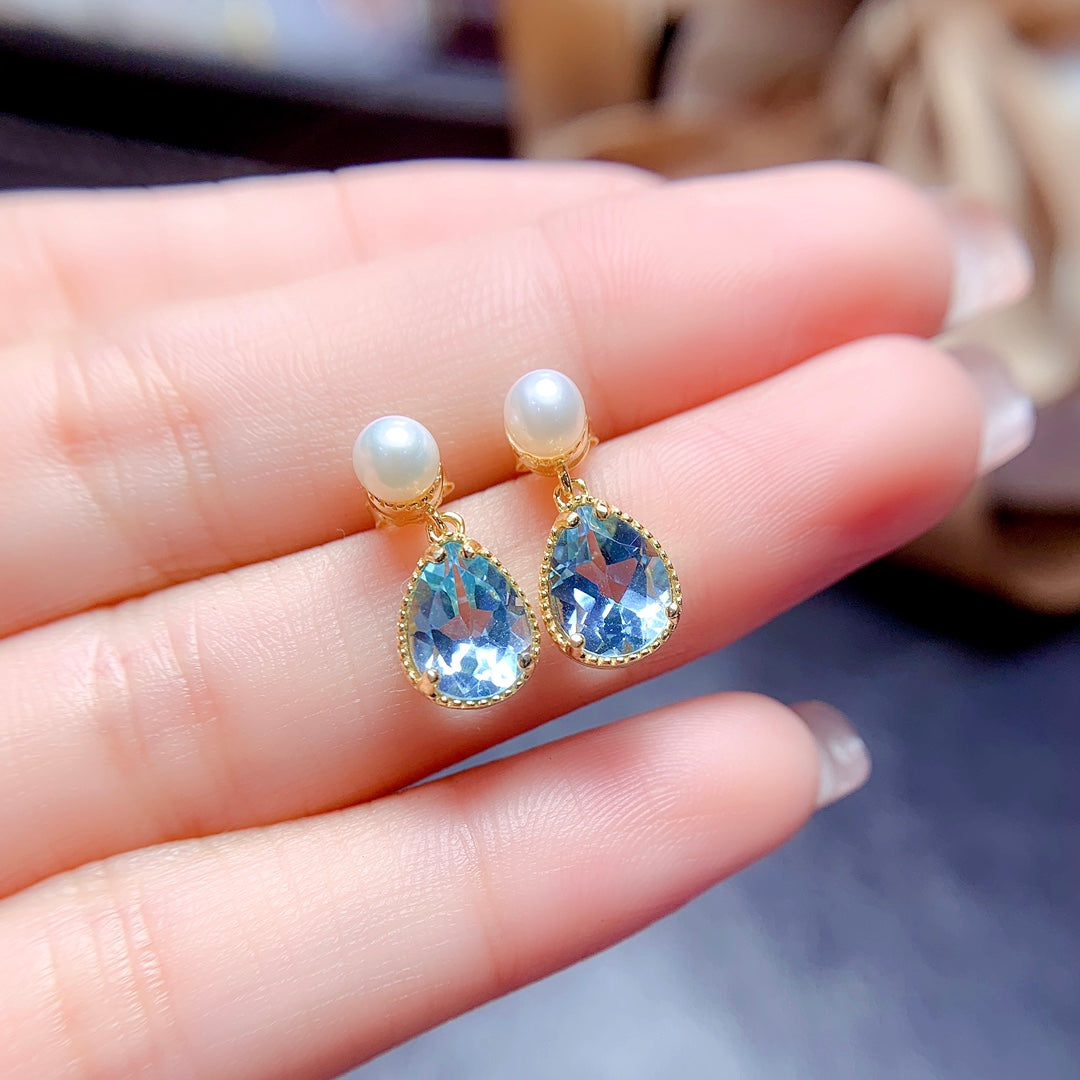 Natural Sky Blue Topaz Jewelry Set Gold Pearl Base 6*8mm High Clarity 925 Silver Fashion Gift For Women