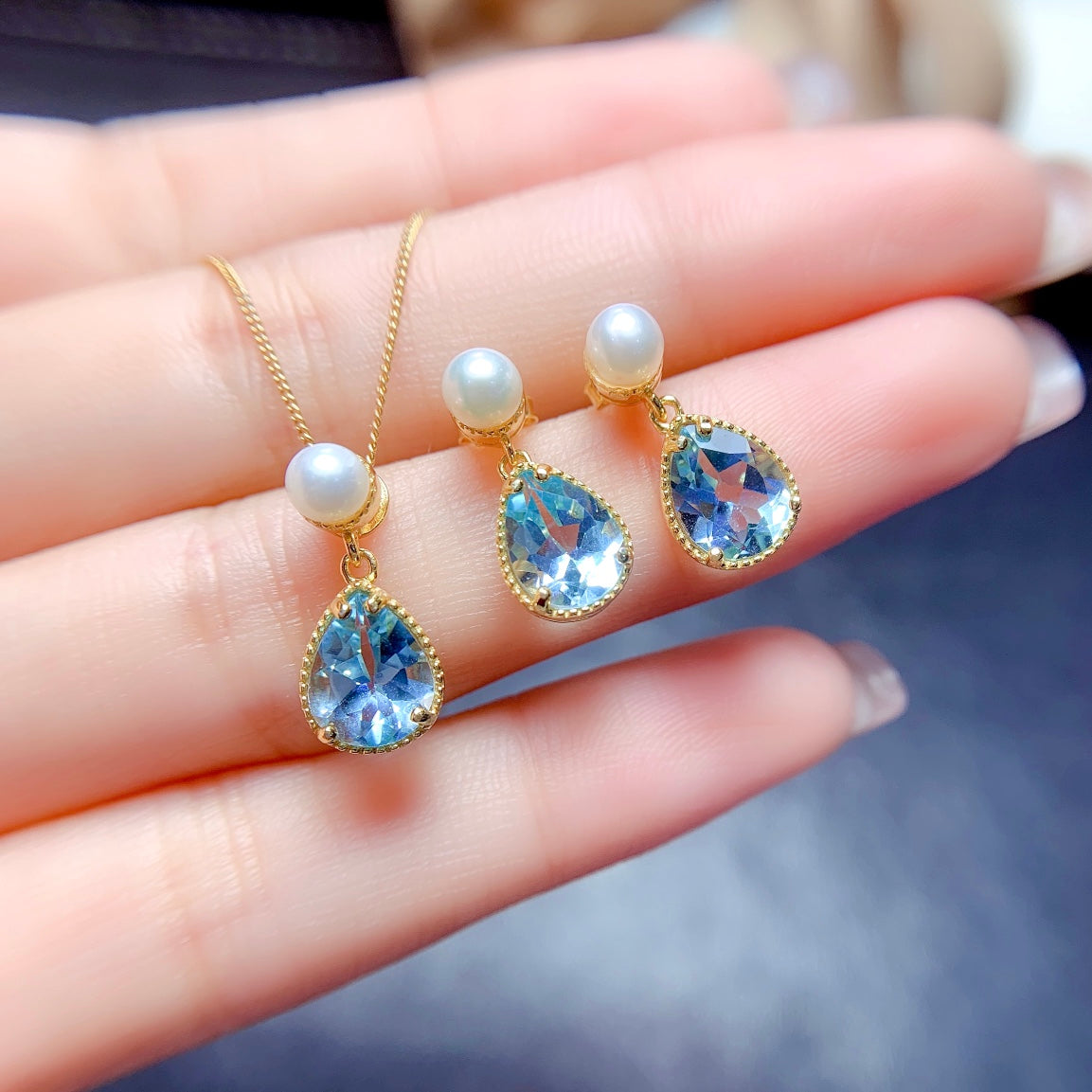 Natural Sky Blue Topaz Jewelry Set Gold Pearl Base 6*8mm High Clarity 925 Silver Fashion Gift For Women