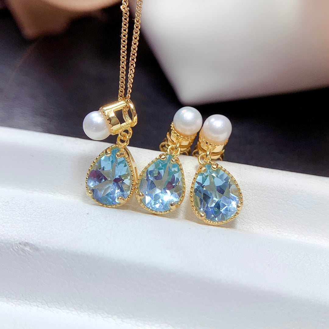 Natural Sky Blue Topaz Jewelry Set Gold Pearl Base 6*8mm High Clarity 925 Silver Fashion Gift For Women