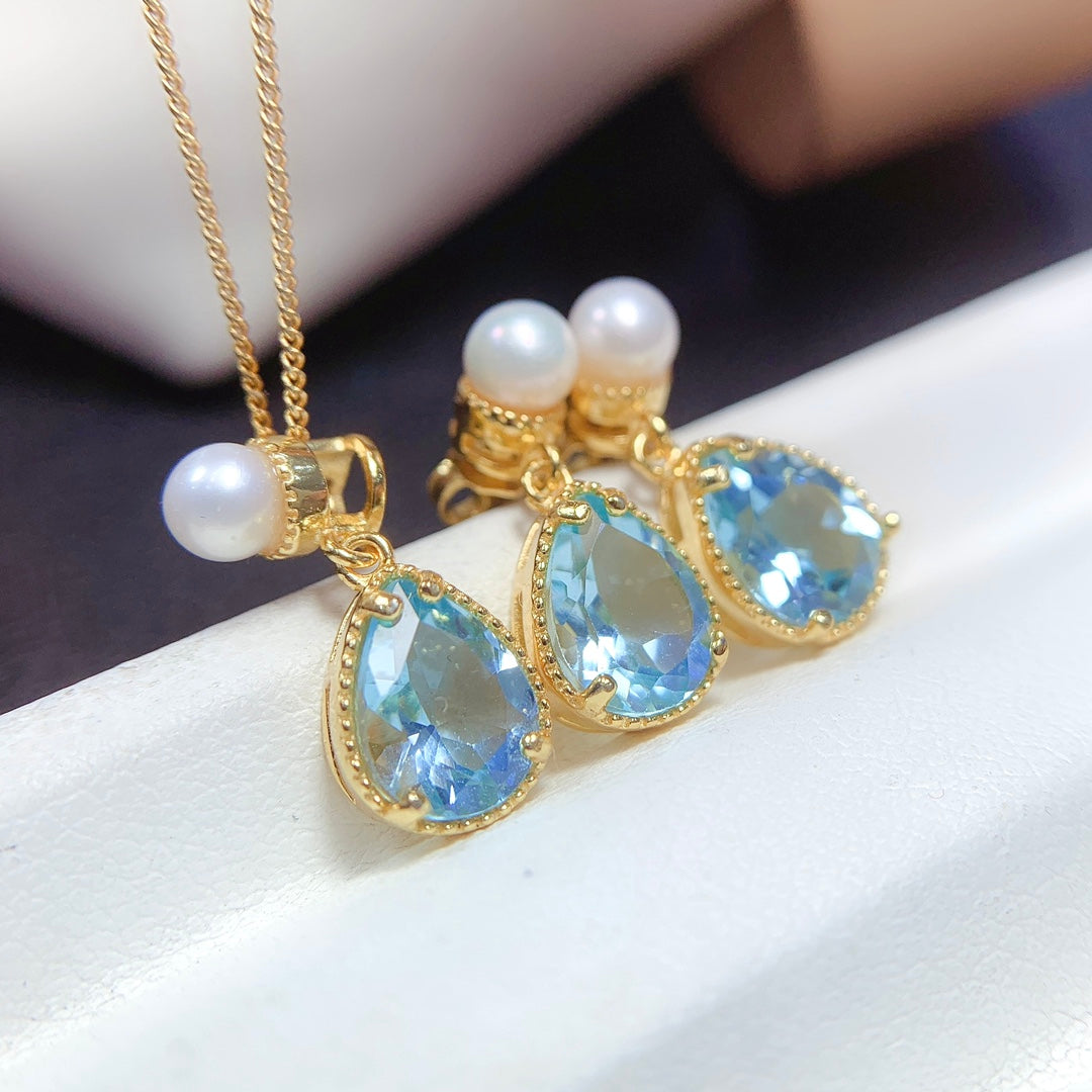 Natural Sky Blue Topaz Jewelry Set Gold Pearl Base 6*8mm High Clarity 925 Silver Fashion Gift For Women