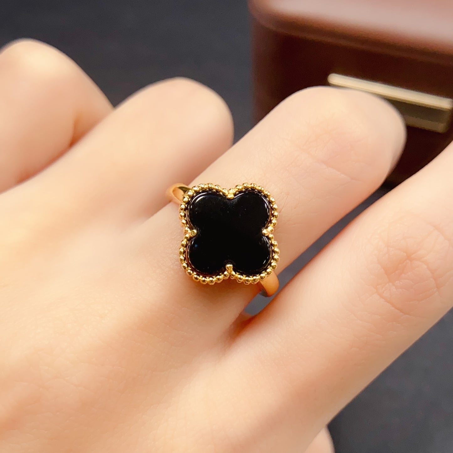 Natural Agate Ring Adjustable Size 12x12mm Four Leaf Clover Design Fire Flash 925 Silver Fine Jewelry For Women
