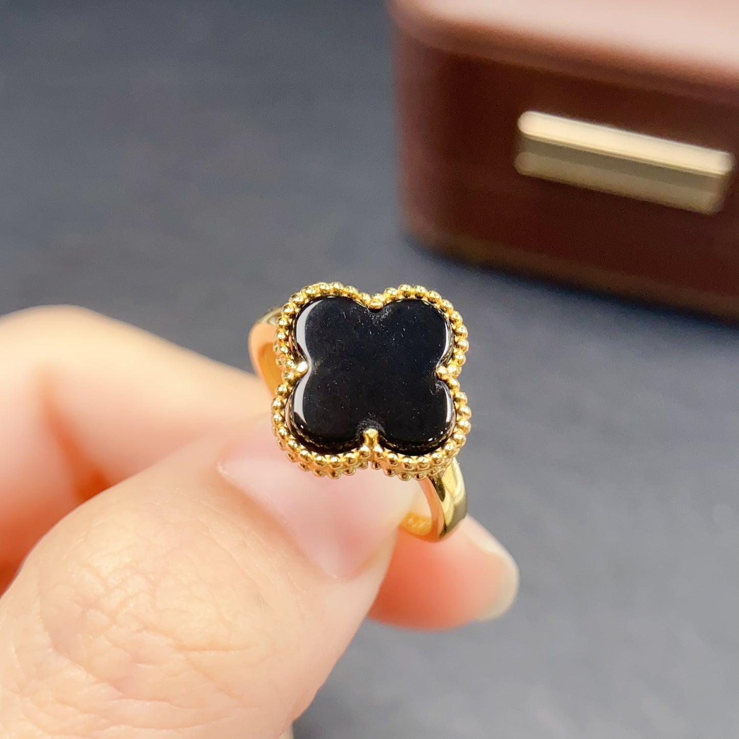 Natural Agate Ring Adjustable Size 12x12mm Four Leaf Clover Design Fire Flash 925 Silver Fine Jewelry For Women