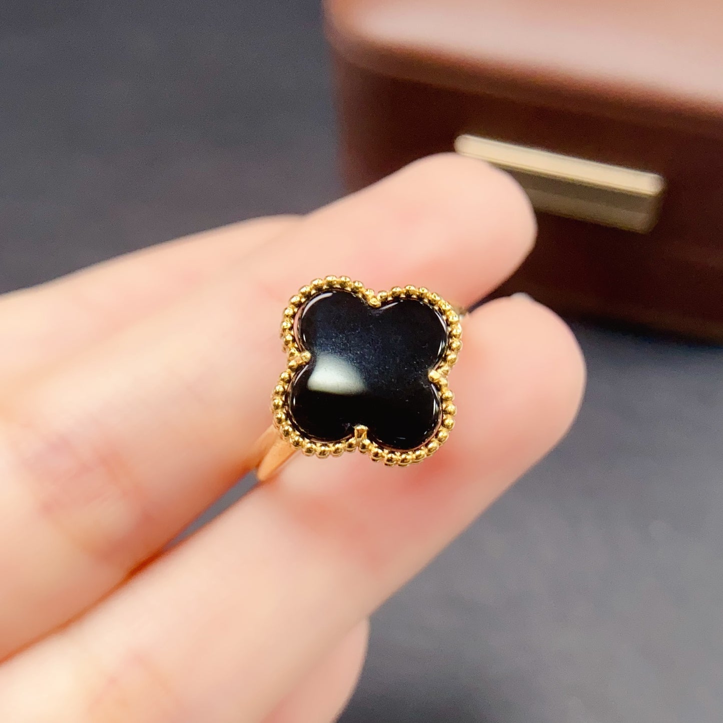 Natural Agate Ring Adjustable Size 12x12mm Four Leaf Clover Design Fire Flash 925 Silver Fine Jewelry For Women