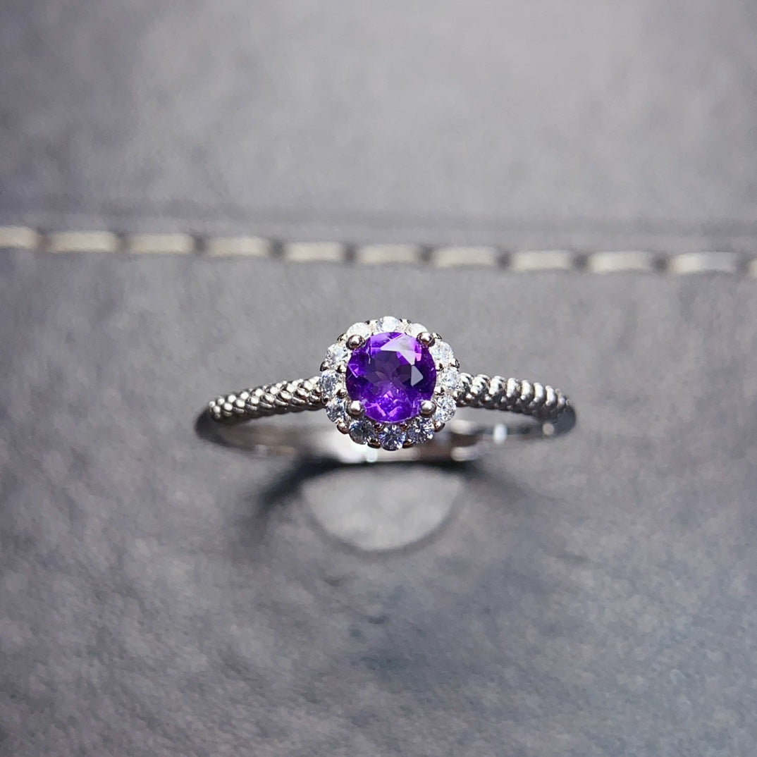 Natural Amethyst Ring Adjustable Size 4x4mm VVS Clarity Fire Flash 925 Silver Simple Design Fashion Jewelry For Women
