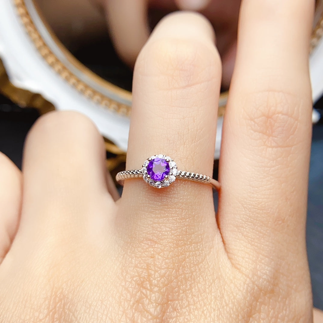 Natural Amethyst Ring Adjustable Size 4x4mm VVS Clarity Fire Flash 925 Silver Simple Design Fashion Jewelry For Women