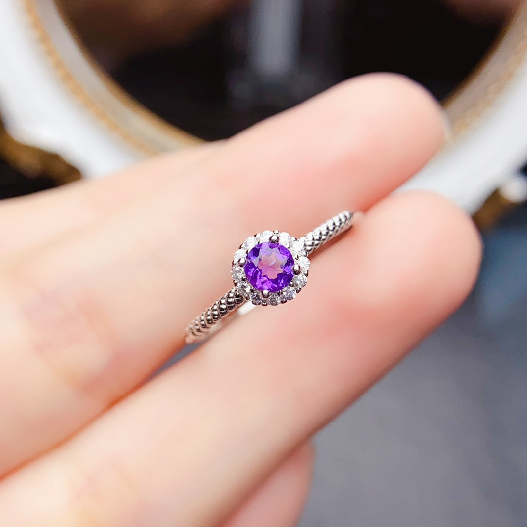 Natural Amethyst Ring Adjustable Size 4x4mm VVS Clarity Fire Flash 925 Silver Simple Design Fashion Jewelry For Women