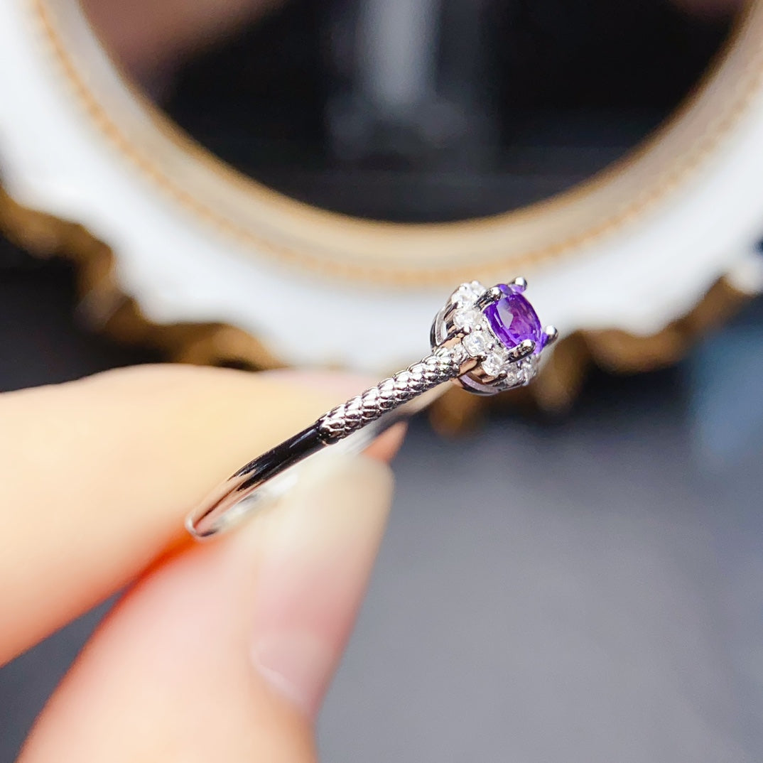 Natural Amethyst Ring Adjustable Size 4x4mm VVS Clarity Fire Flash 925 Silver Simple Design Fashion Jewelry For Women