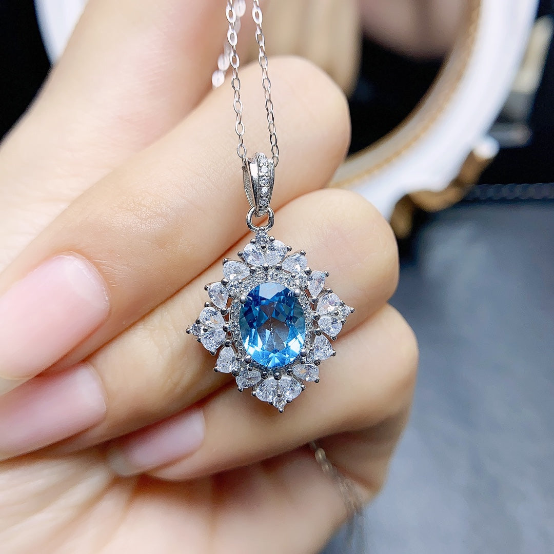 Natural Swiss Blue Topaz Pendant Necklace Heart Design 7x9mm VVS Clarity Fire Flash 925 Silver Fine Jewelry For Women