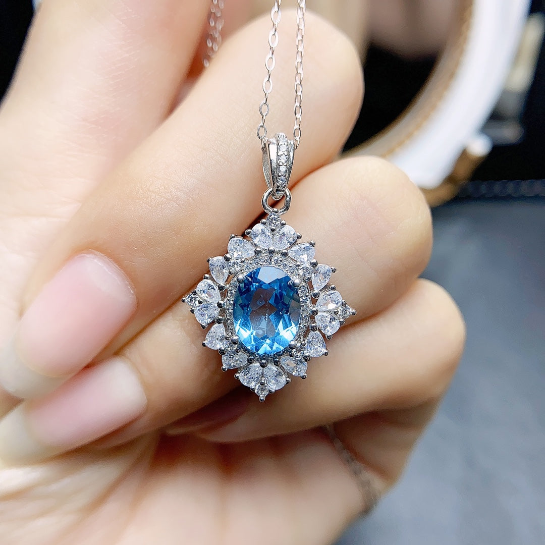 Natural Swiss Blue Topaz Pendant Necklace Heart Design 7x9mm VVS Clarity Fire Flash 925 Silver Fine Jewelry For Women