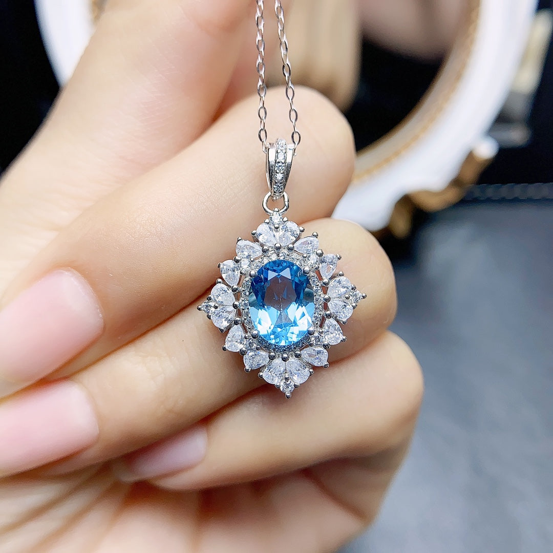 Natural Swiss Blue Topaz Pendant Necklace Heart Design 7x9mm VVS Clarity Fire Flash 925 Silver Fine Jewelry For Women