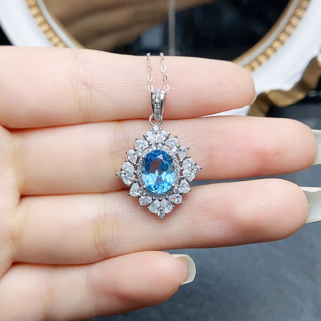 Natural Swiss Blue Topaz Pendant Necklace Heart Design 7x9mm VVS Clarity Fire Flash 925 Silver Fine Jewelry For Women
