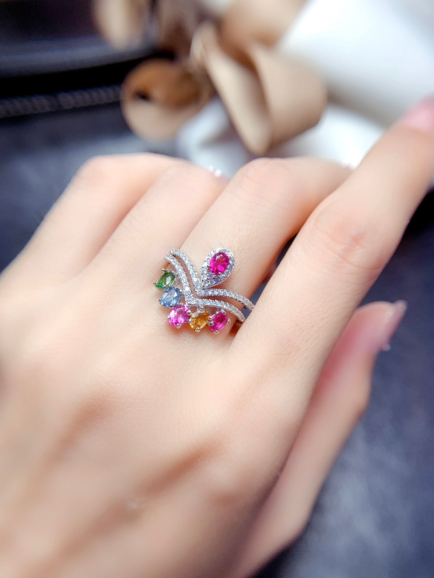 Natural Candy Color Tourmaline Ring | Adjustable Stacking Ring | 3*4mm Teardrop Princess Cut | 925 Silver Dainty Ring | Minimalist Wedding Band Alternative