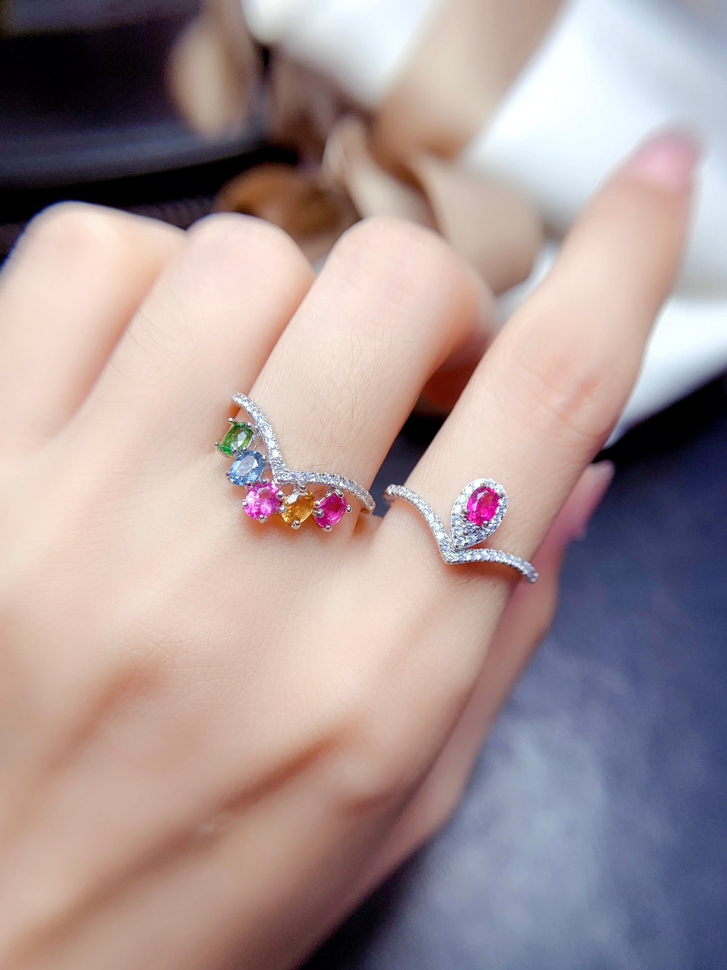 Natural Candy Color Tourmaline Ring | Adjustable Stacking Ring | 3*4mm Teardrop Princess Cut | 925 Silver Dainty Ring | Minimalist Wedding Band Alternative