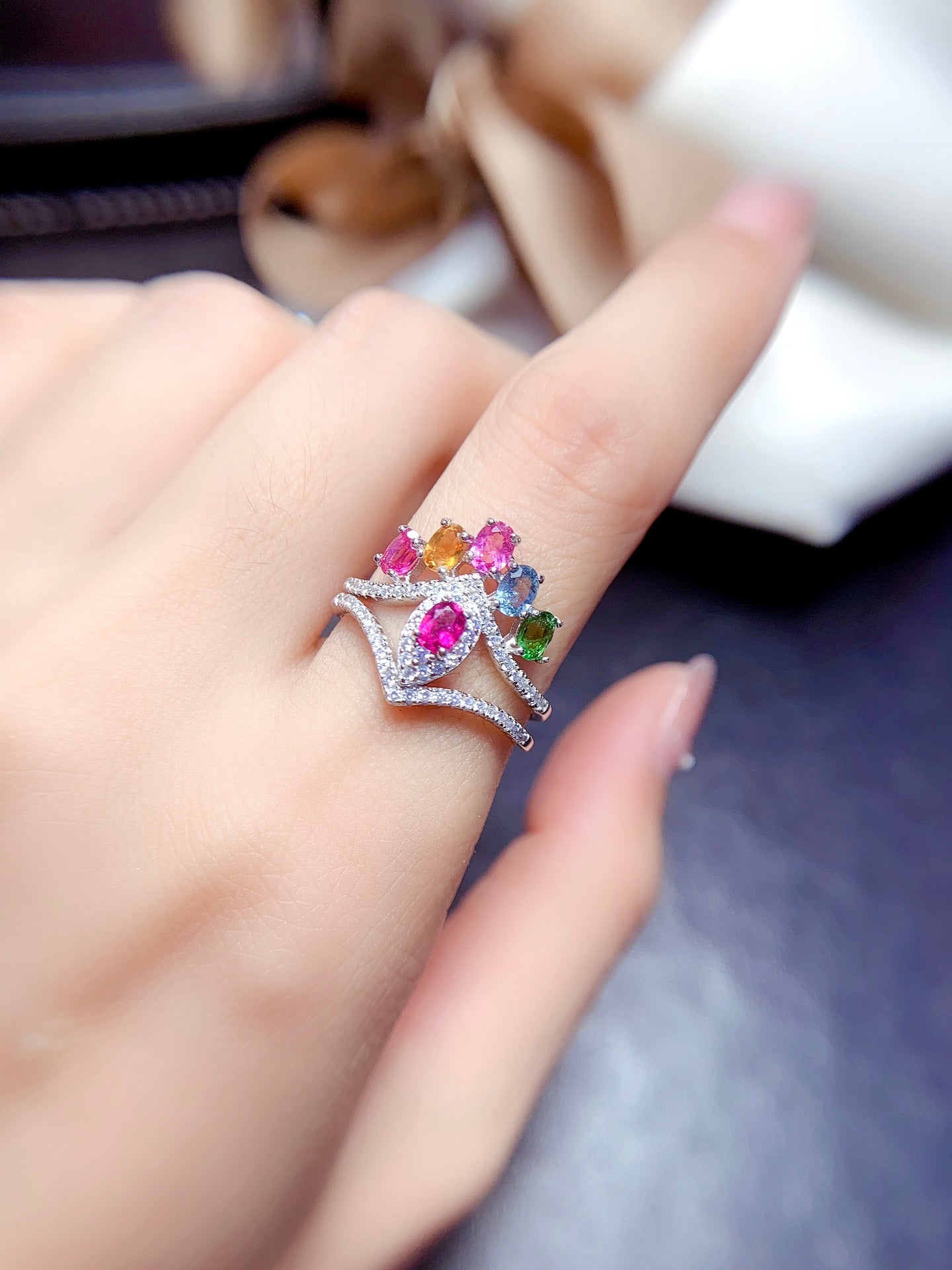 Natural Candy Color Tourmaline Ring | Adjustable Stacking Ring | 3*4mm Teardrop Princess Cut | 925 Silver Dainty Ring | Minimalist Wedding Band Alternative