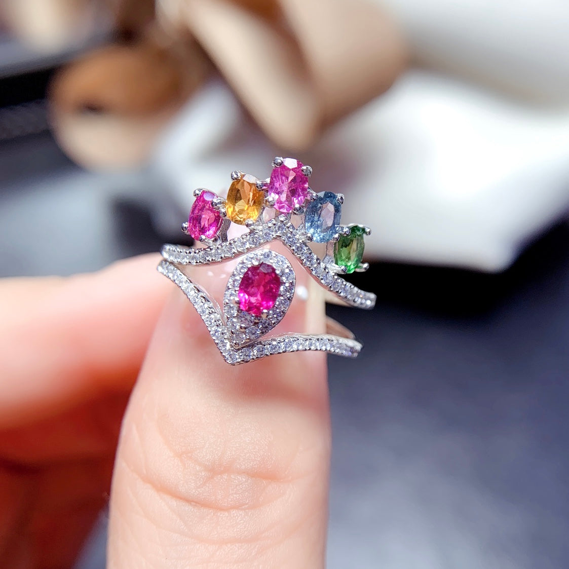 Natural Candy Color Tourmaline Ring | Adjustable Stacking Ring | 3*4mm Teardrop Princess Cut | 925 Silver Dainty Ring | Minimalist Wedding Band Alternative