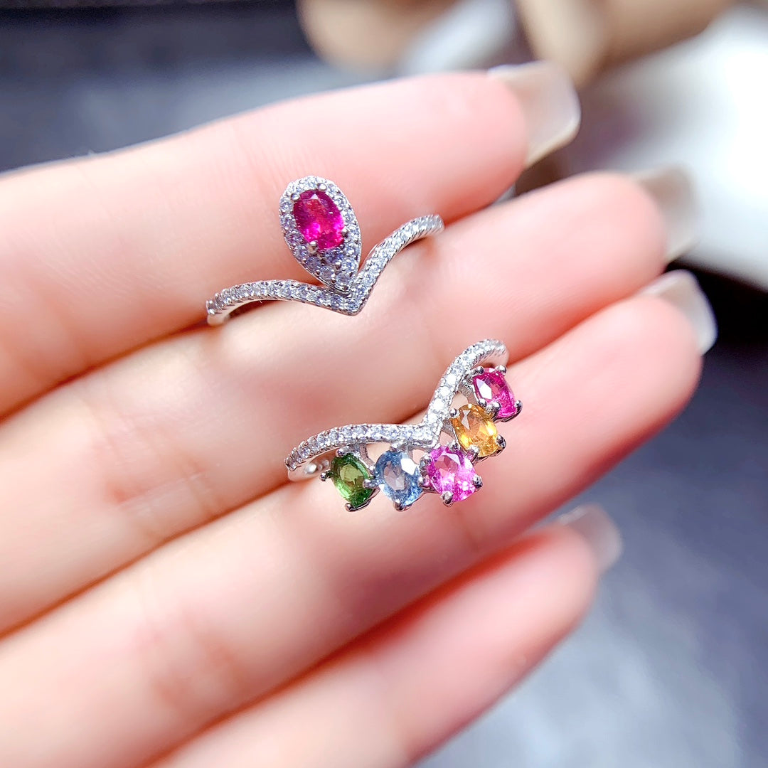 Natural Candy Color Tourmaline Ring | Adjustable Stacking Ring | 3*4mm Teardrop Princess Cut | 925 Silver Dainty Ring | Minimalist Wedding Band Alternative