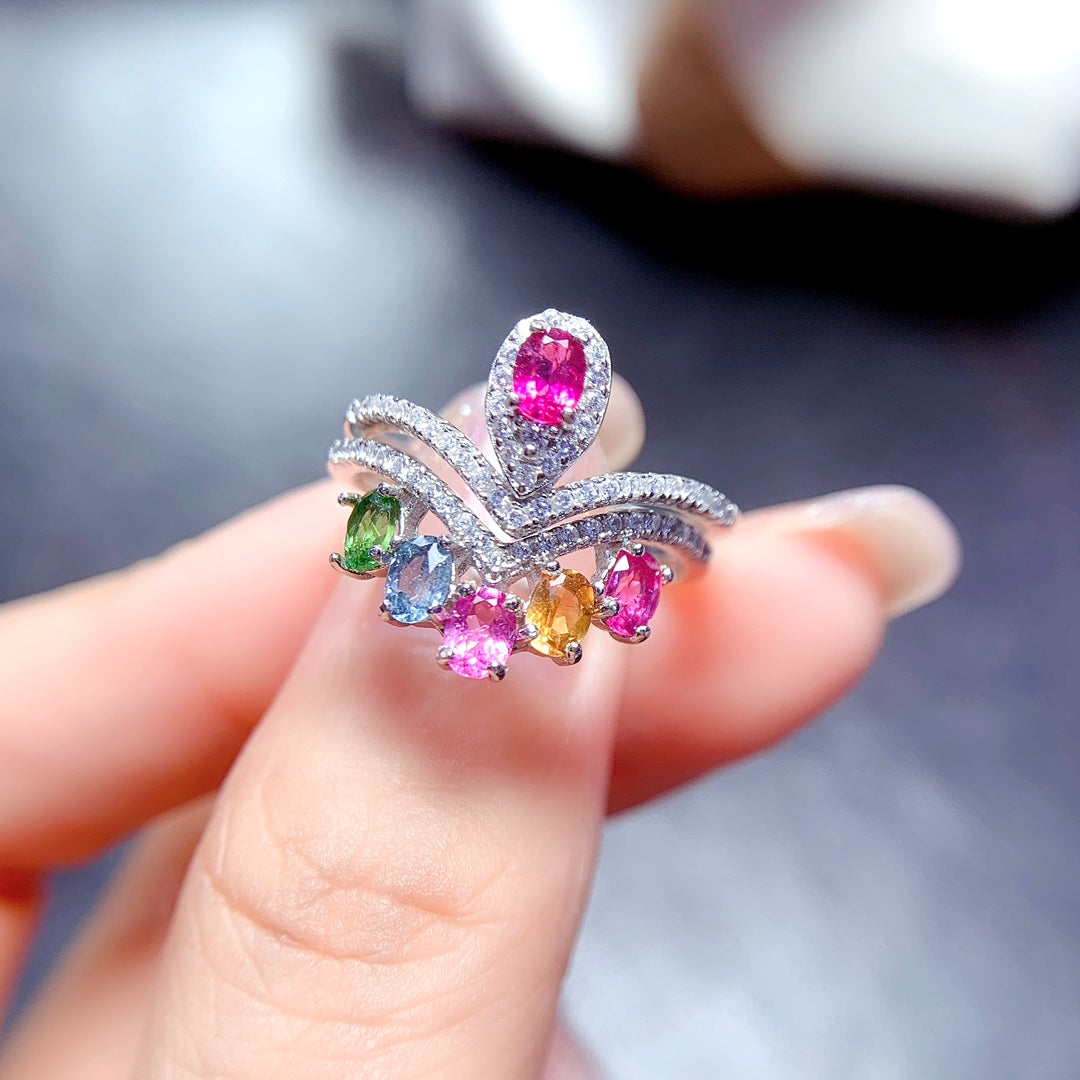 Natural Candy Color Tourmaline Ring | Adjustable Stacking Ring | 3*4mm Teardrop Princess Cut | 925 Silver Dainty Ring | Minimalist Wedding Band Alternative