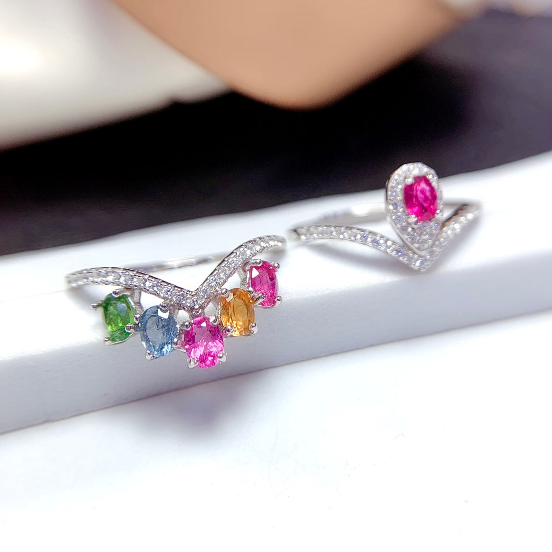 Natural Candy Color Tourmaline Ring | Adjustable Stacking Ring | 3*4mm Teardrop Princess Cut | 925 Silver Dainty Ring | Minimalist Wedding Band Alternative