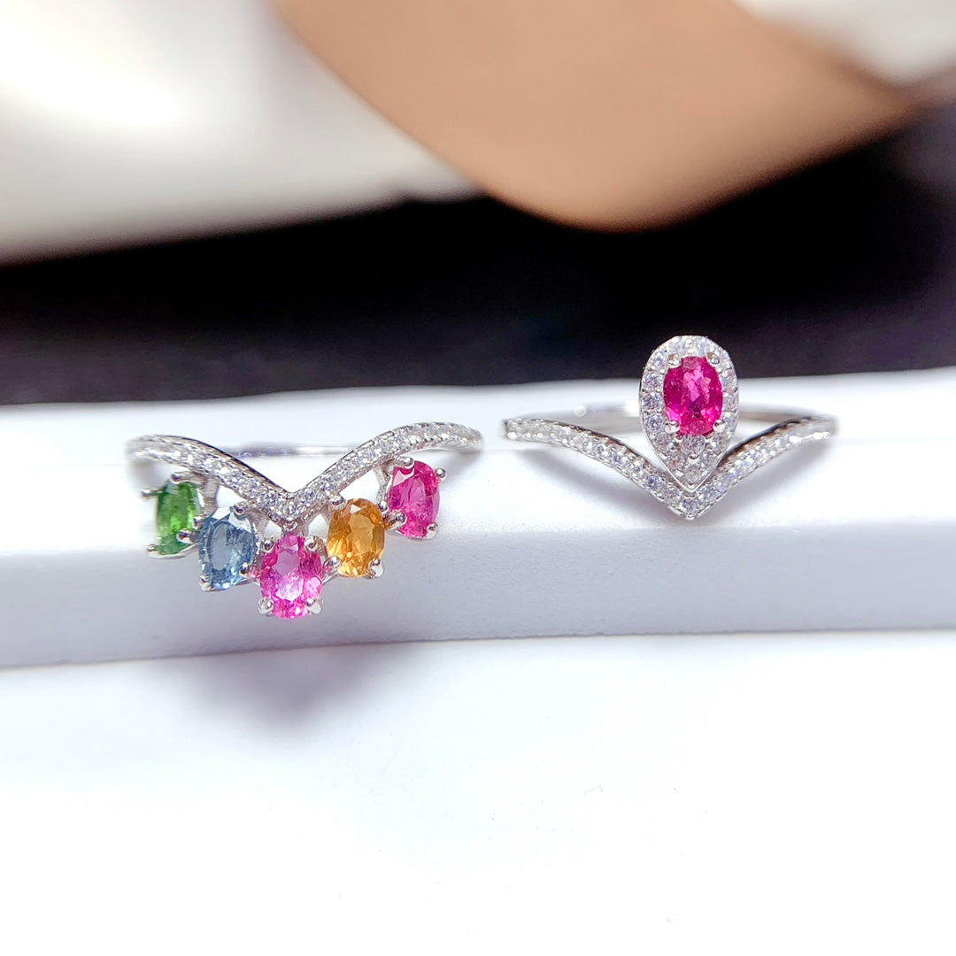 Natural Candy Color Tourmaline Ring | Adjustable Stacking Ring | 3*4mm Teardrop Princess Cut | 925 Silver Dainty Ring | Minimalist Wedding Band Alternative