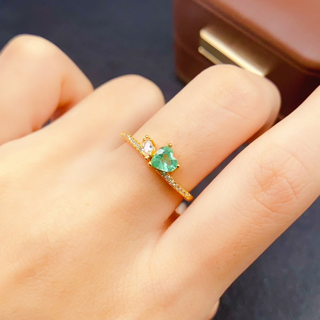 Natural Emerald Ring | Gold Plated Heart Shape | 5*5mm Genuine Gemstone | 925 Silver Stacking Ring | Vintage Eternity Ring Engagement Gift
