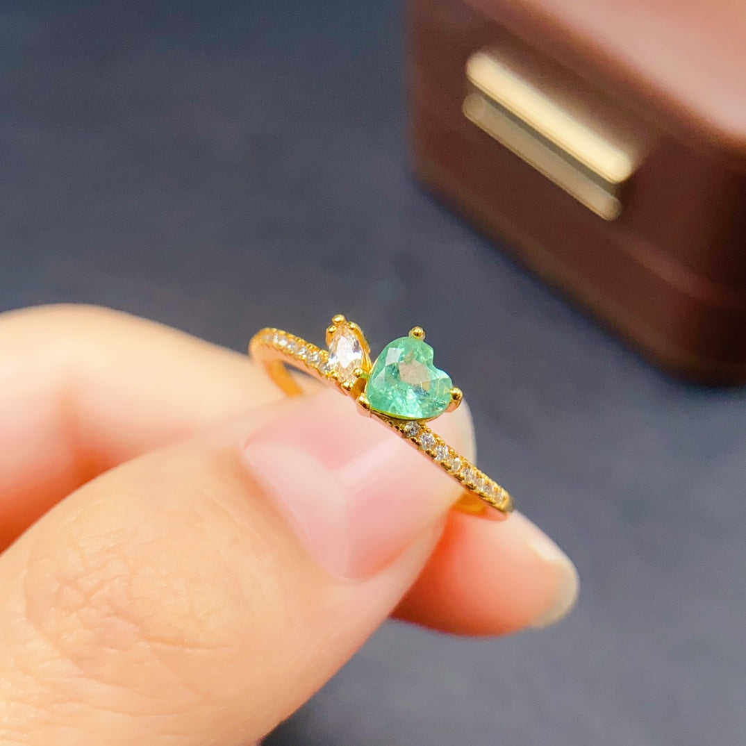 Natural Emerald Ring | Gold Plated Heart Shape | 5*5mm Genuine Gemstone | 925 Silver Stacking Ring | Vintage Eternity Ring Engagement Gift