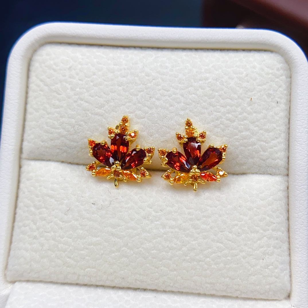 Natural Garnet Earrings | Maple Leaf Design Dangle Earrings | 3*5mm Genuine Stone | 925 Silver Stud Earrings | Fall Jewelry Gift For Women
