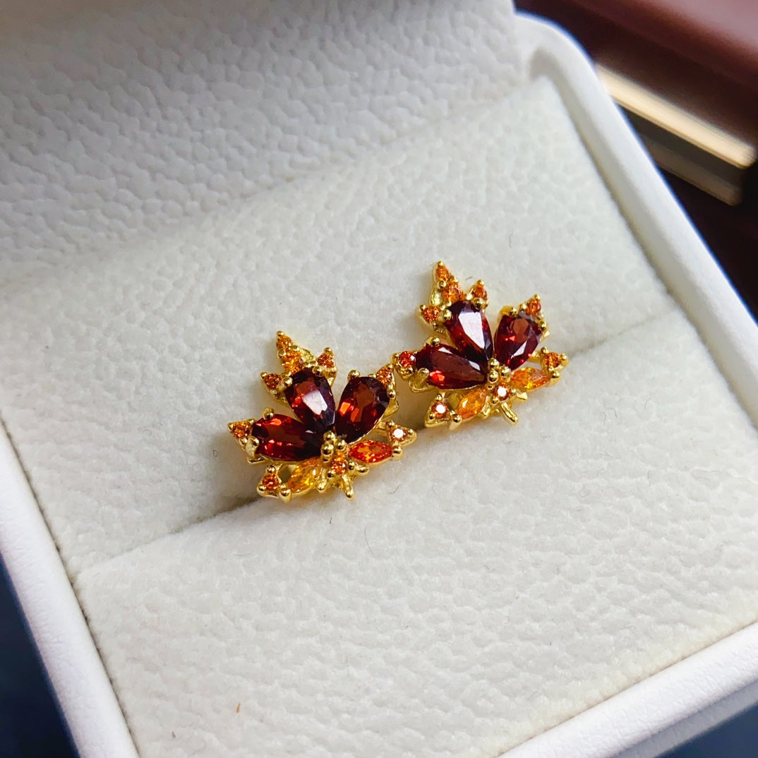 Natural Garnet Earrings | Maple Leaf Design Dangle Earrings | 3*5mm Genuine Stone | 925 Silver Stud Earrings | Fall Jewelry Gift For Women
