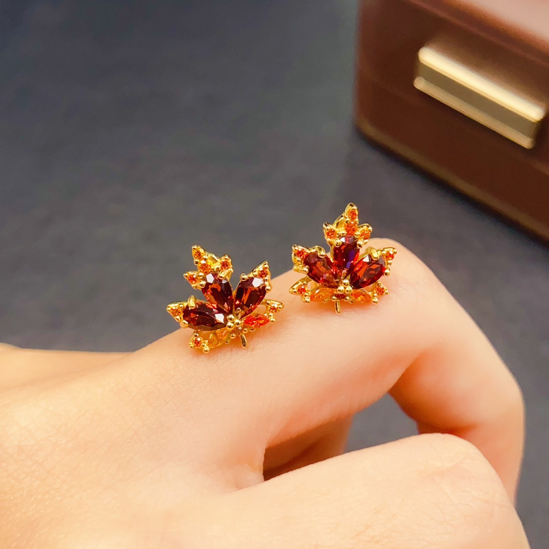 Natural Garnet Earrings | Maple Leaf Design Dangle Earrings | 3*5mm Genuine Stone | 925 Silver Stud Earrings | Fall Jewelry Gift For Women