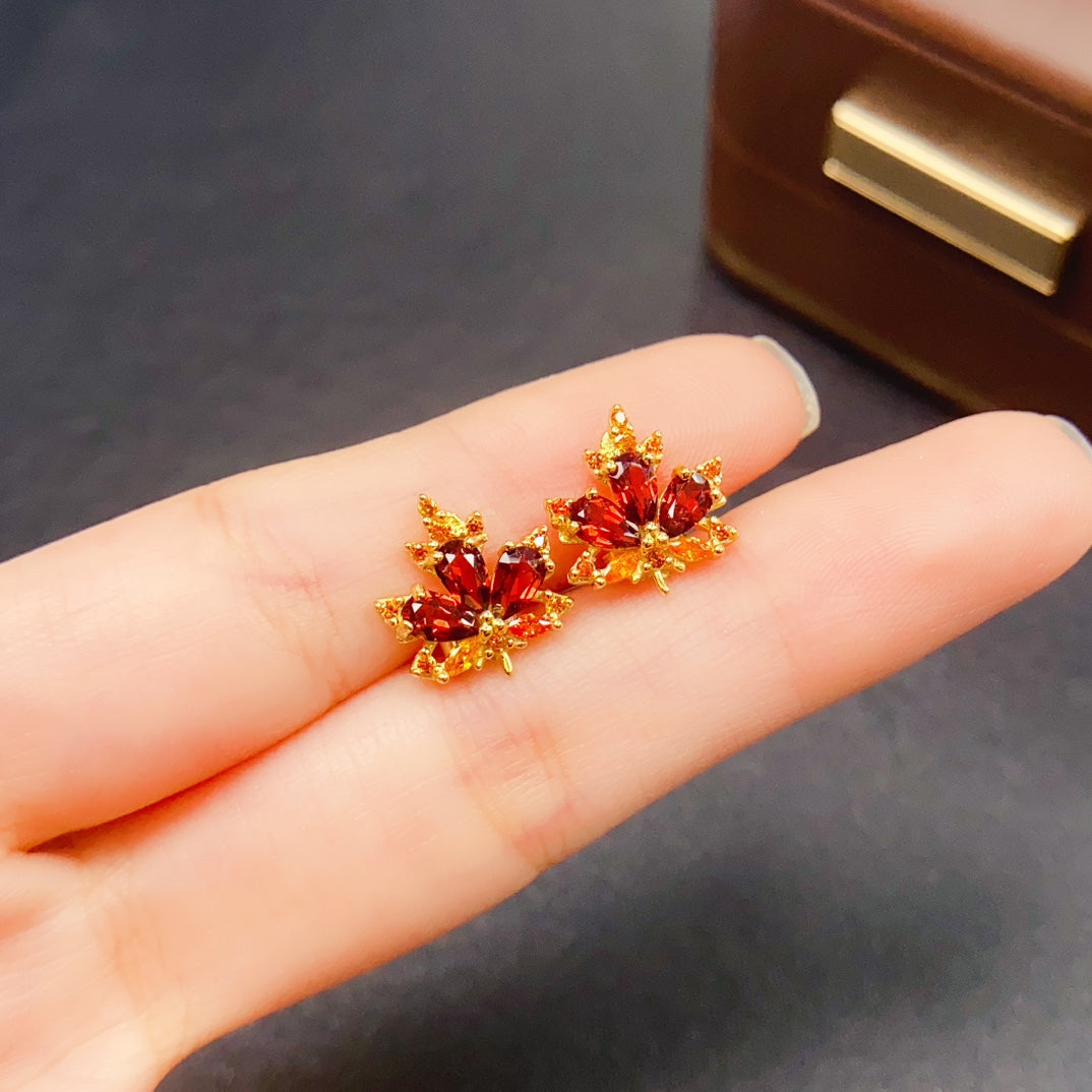 Natural Garnet Earrings | Maple Leaf Design Dangle Earrings | 3*5mm Genuine Stone | 925 Silver Stud Earrings | Fall Jewelry Gift For Women
