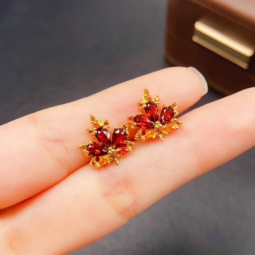 Natural Garnet Earrings | Maple Leaf Design Dangle Earrings | 3*5mm Genuine Stone | 925 Silver Stud Earrings | Fall Jewelry Gift For Women