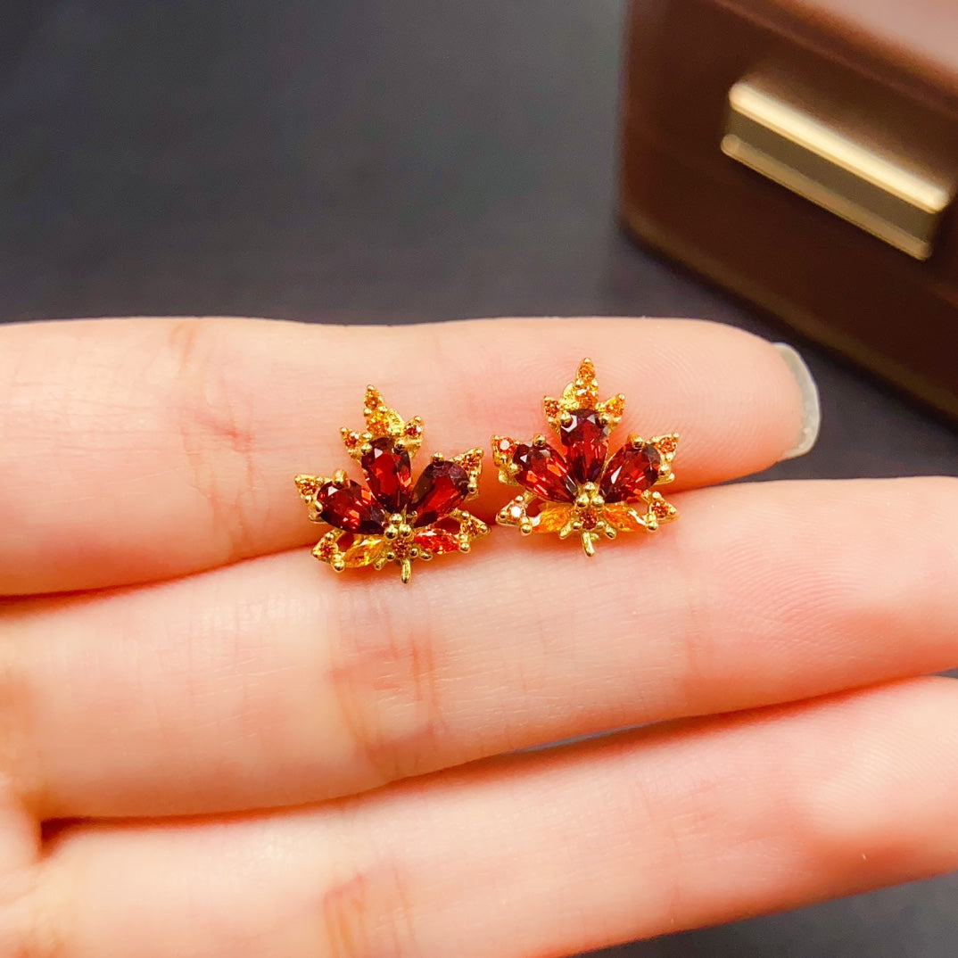 Natural Garnet Earrings | Maple Leaf Design Dangle Earrings | 3*5mm Genuine Stone | 925 Silver Stud Earrings | Fall Jewelry Gift For Women