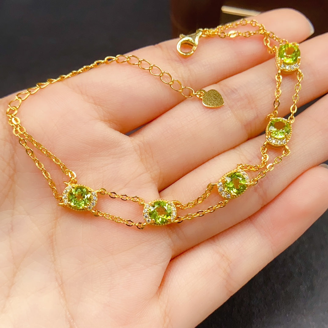Natural Peridot Bracelet | Gold Plated Bezel Chain Bracelet | 5*5mm Genuine Gemstone | 925 Silver Adjustable Jewelry | Dainty Stacking Bracelet Gift For Women