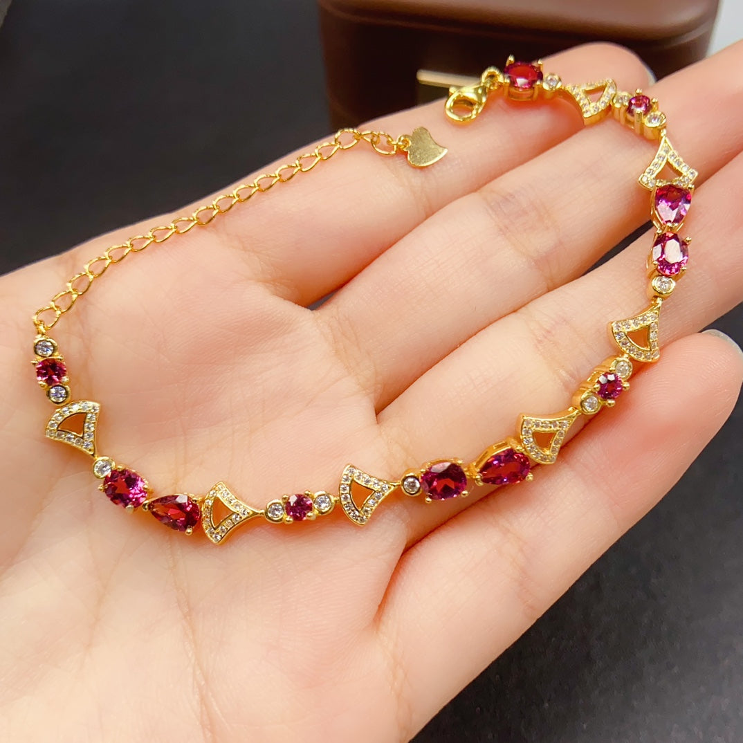 Natural Magnesium Aluminum Garnet Bracelet | Mixed Drop & Oval Gemstone Bracelet | 45+46mm Genuine Stone | 925 Silver Gold Plated Jewelry | Dainty Stacking Bracelet Gift For Women