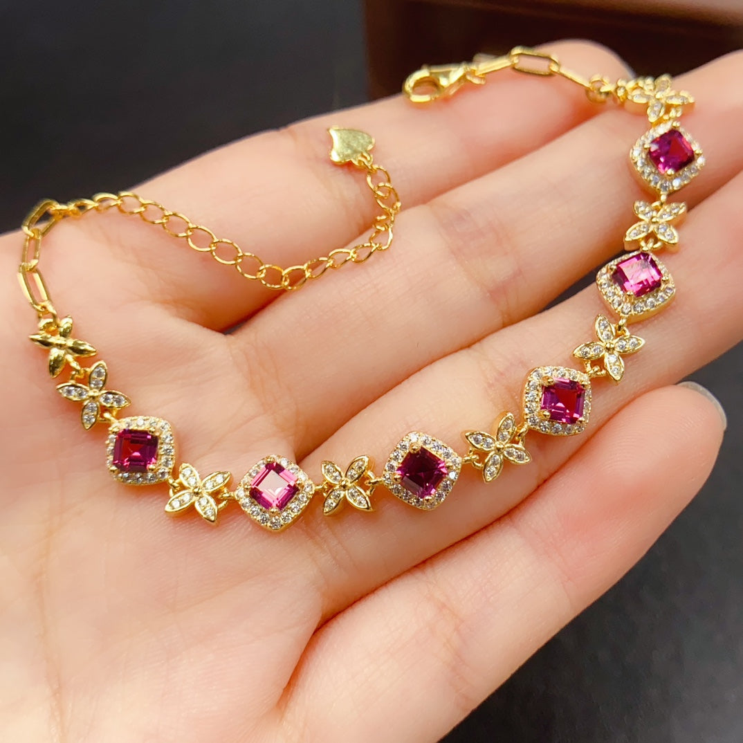 Natural Magnesium Aluminum Garnet Bracelet | Mixed Drop & Oval Gemstone Bracelet | 45+46mm Genuine Stone | 925 Silver Gold Plated Jewelry | Dainty Stacking Bracelet Gift For Women