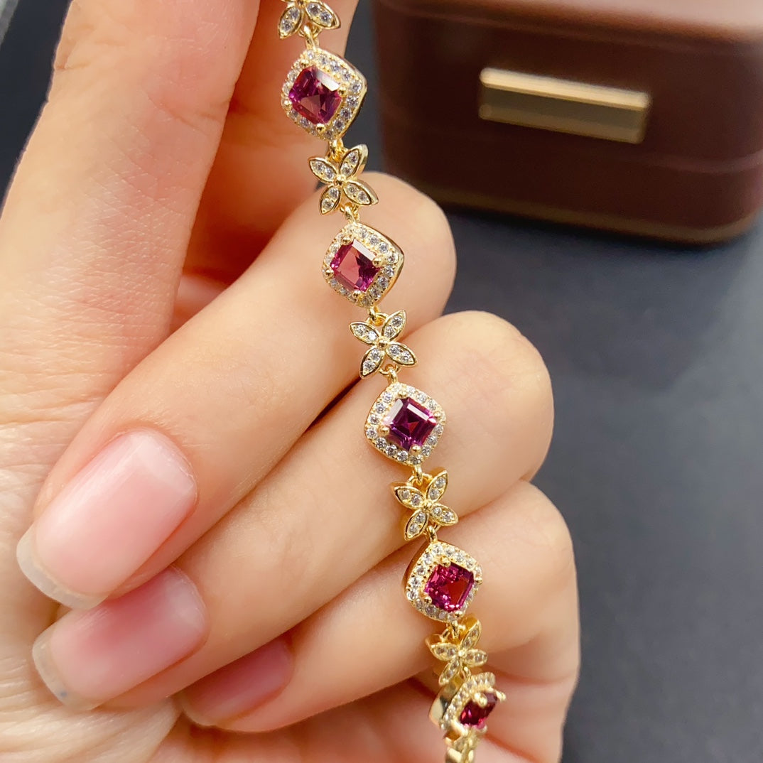 Natural Magnesium Aluminum Garnet Bracelet | Princess Cut & Butterfly Design Charm Bracelet | 4*4mm Genuine Stone | 925 Silver Gold Plated Jewelry | Dainty Cute Gift For Women