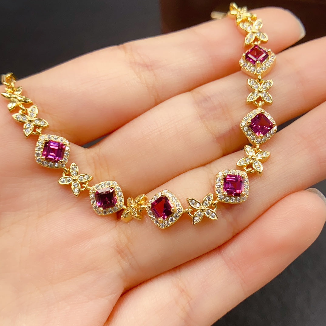Natural Magnesium Aluminum Garnet Bracelet | Princess Cut & Butterfly Design Charm Bracelet | 4*4mm Genuine Stone | 925 Silver Gold Plated Jewelry | Dainty Cute Gift For Women