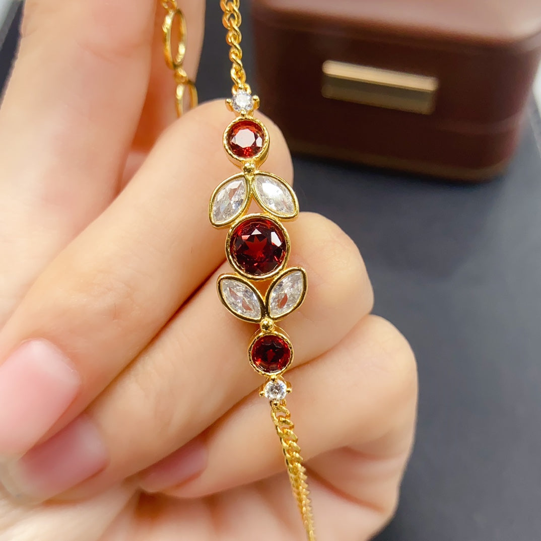 Natural Garnet Bracelet | Butterfly Simple Design Charm Bracelet | 44+66mm Genuine Stone | 925 Silver Gold Plated Jewelry | Minimalist Dainty Gift For Women