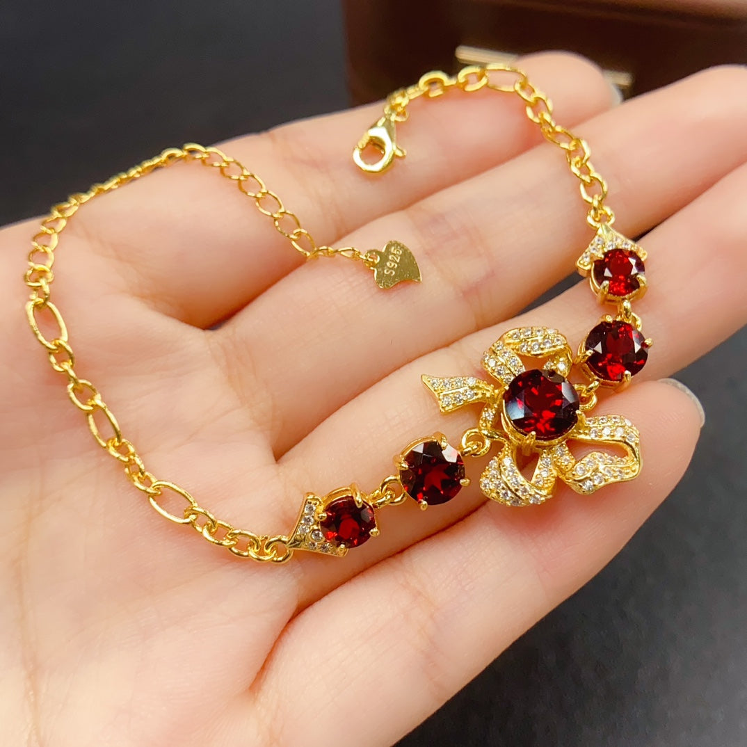 Natural Garnet Bracelet | Butterfly Simple Design Charm Bracelet | 44+66mm Genuine Stone | 925 Silver Gold Plated Jewelry | Minimalist Dainty Gift For Women