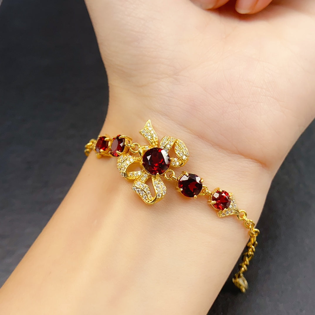 Natural Garnet Bracelet | Butterfly Simple Design Charm Bracelet | 44+66mm Genuine Stone | 925 Silver Gold Plated Jewelry | Minimalist Dainty Gift For Women