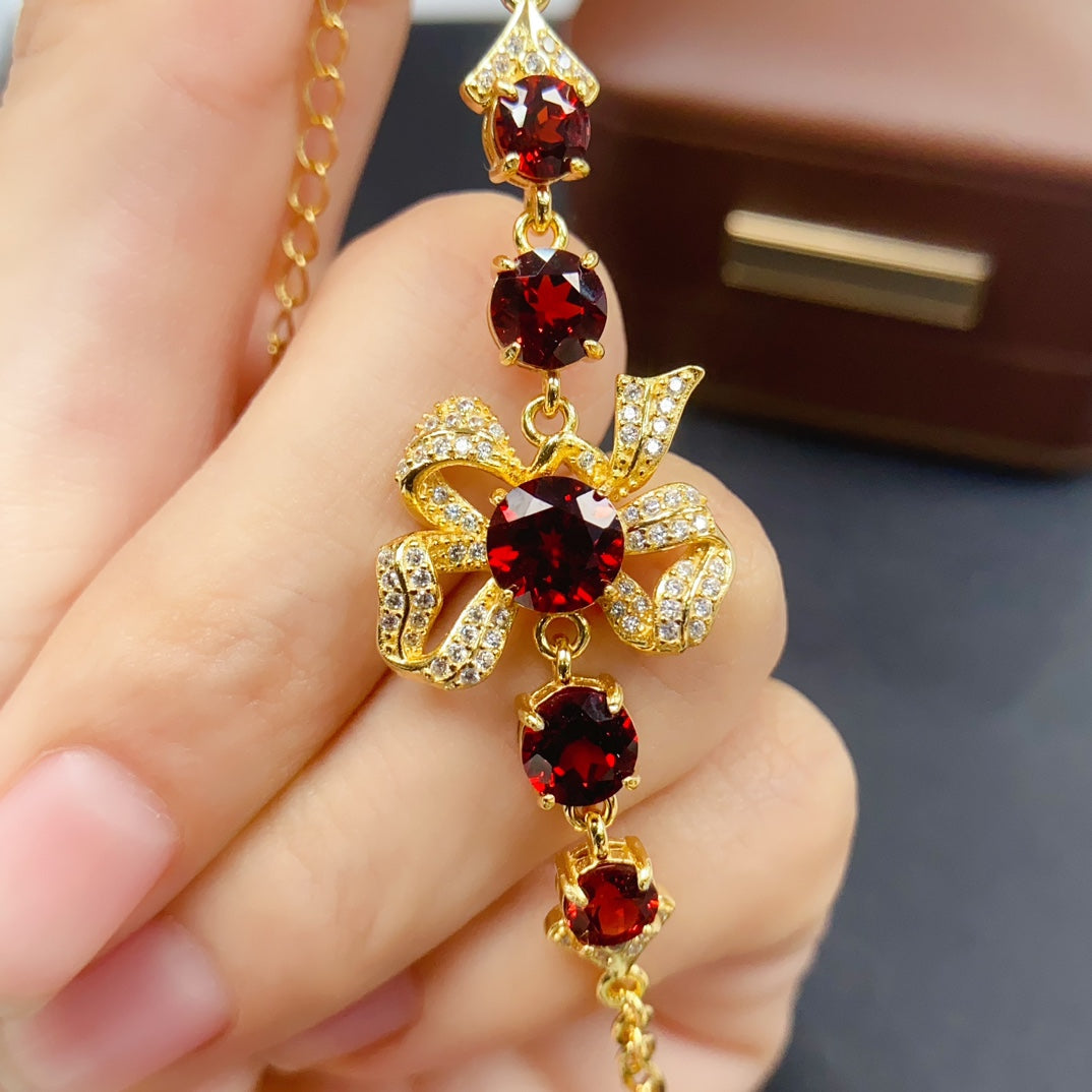 Natural Garnet Bracelet | Butterfly Simple Design Charm Bracelet | 44+66mm Genuine Stone | 925 Silver Gold Plated Jewelry | Minimalist Dainty Gift For Women