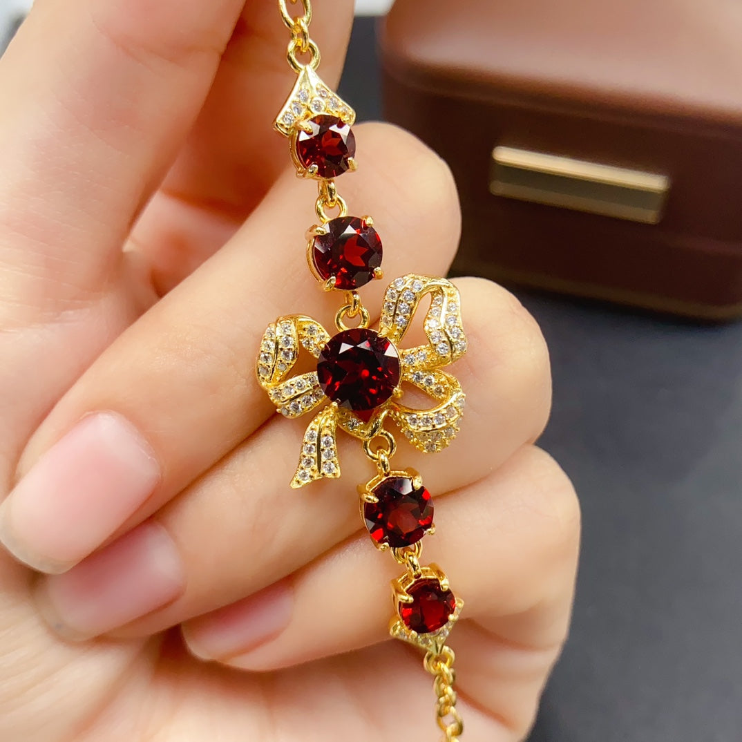 Natural Garnet Bracelet | Butterfly Simple Design Charm Bracelet | 44+66mm Genuine Stone | 925 Silver Gold Plated Jewelry | Minimalist Dainty Gift For Women
