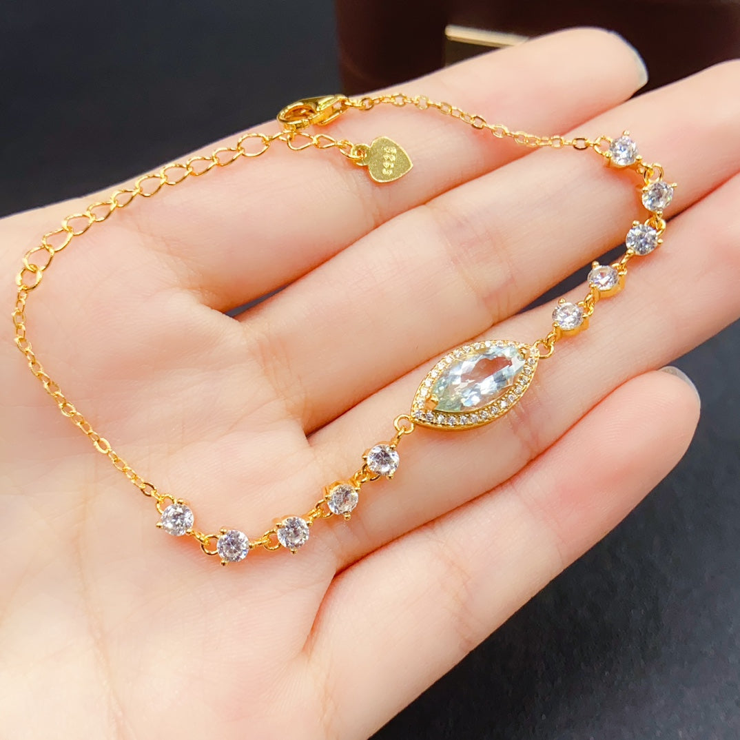 Natural Aquamarine Bracelet | Marquise Cut Statement Bracelet | 6*12mm Genuine Gemstone | 925 Silver Gold Plated Jewelry | Fashion Dainty Gift For Women