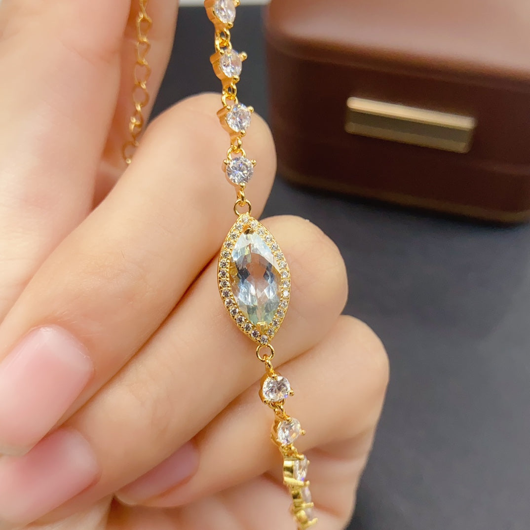 Natural Aquamarine Bracelet | Marquise Cut Statement Bracelet | 6*12mm Genuine Gemstone | 925 Silver Gold Plated Jewelry | Fashion Dainty Gift For Women