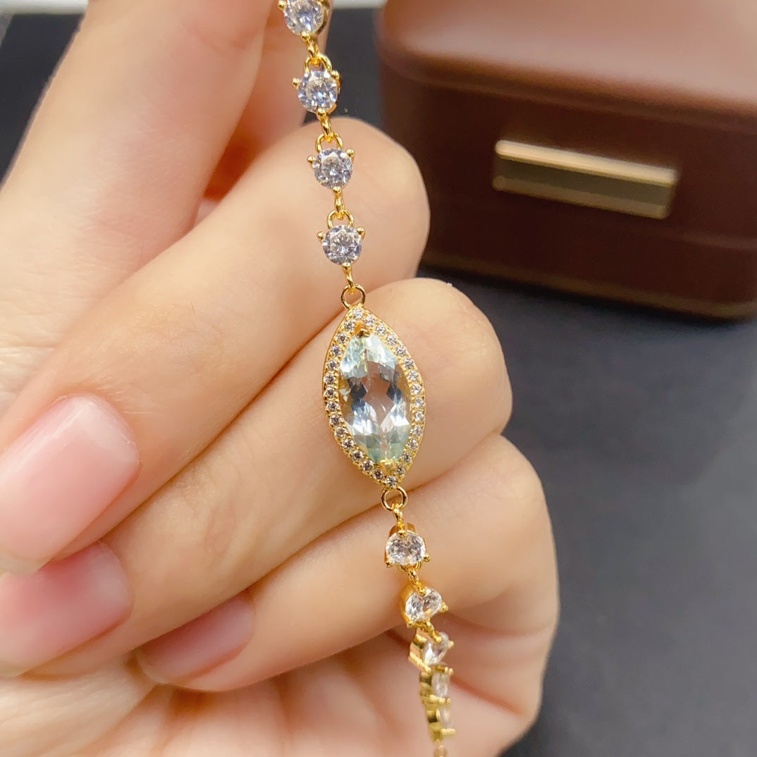 Natural Aquamarine Bracelet | Marquise Cut Statement Bracelet | 6*12mm Genuine Gemstone | 925 Silver Gold Plated Jewelry | Fashion Dainty Gift For Women