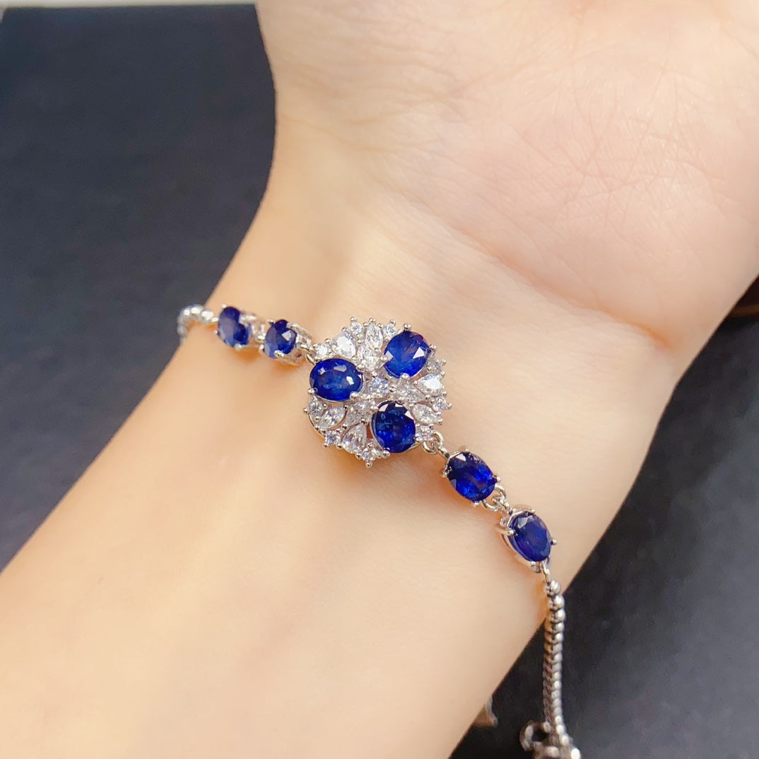 Natural Sapphire Bracelet | 4*5mm Genuine Gemstone Tennis Bracelet | 925 Silver Gold Plated Jewelry | Dainty Stacking Birthday Gift For Women