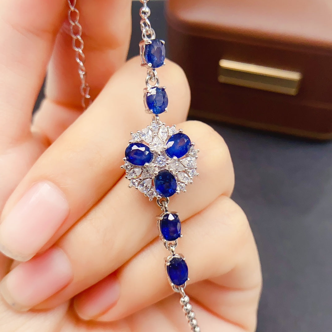 Natural Sapphire Bracelet | 4*5mm Genuine Gemstone Tennis Bracelet | 925 Silver Gold Plated Jewelry | Dainty Stacking Birthday Gift For Women