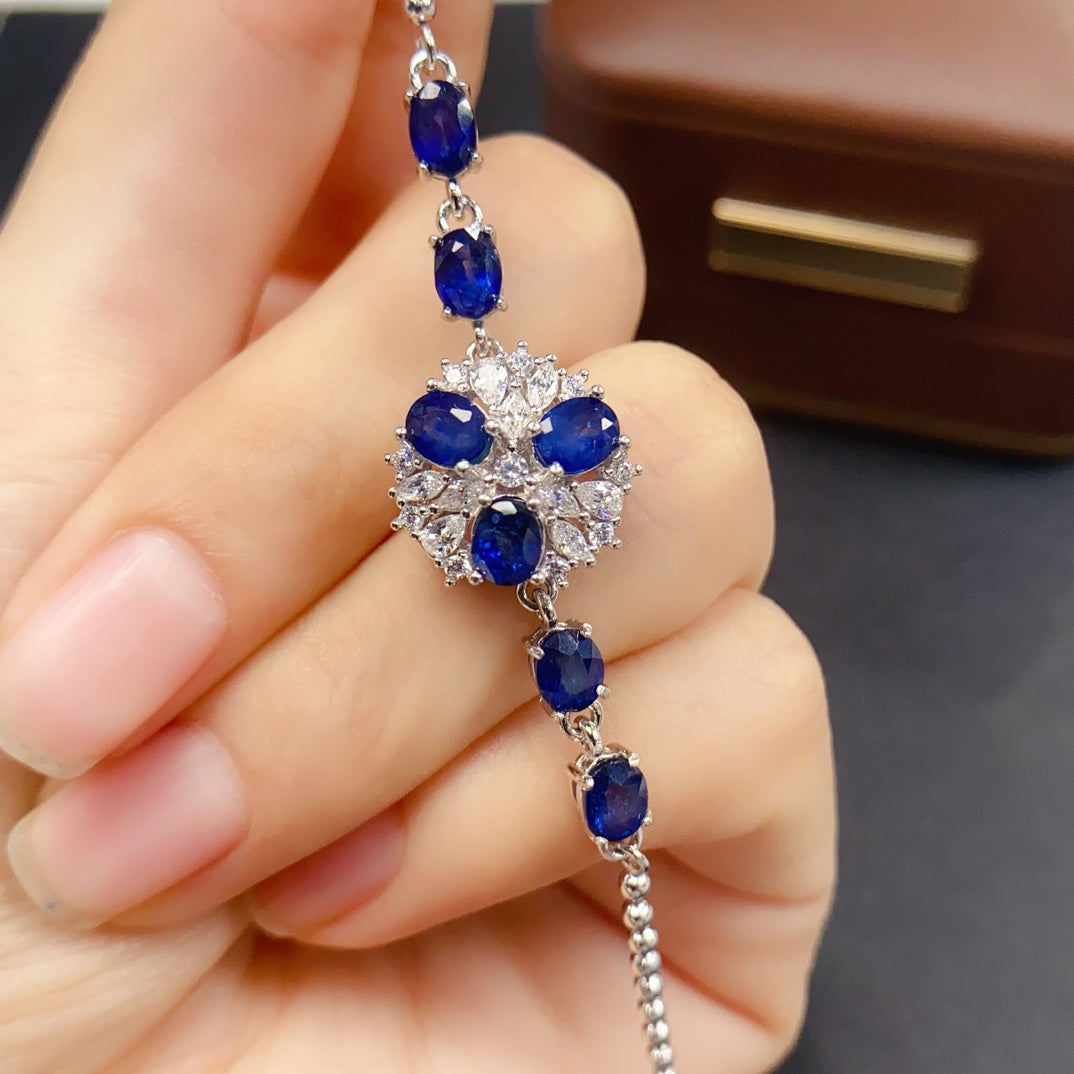 Natural Sapphire Bracelet | 4*5mm Genuine Gemstone Tennis Bracelet | 925 Silver Gold Plated Jewelry | Dainty Stacking Birthday Gift For Women