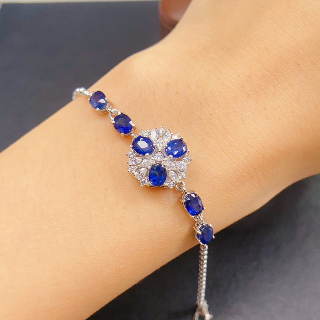 Natural Sapphire Bracelet | 4*5mm Genuine Gemstone Tennis Bracelet | 925 Silver Gold Plated Jewelry | Dainty Stacking Birthday Gift For Women