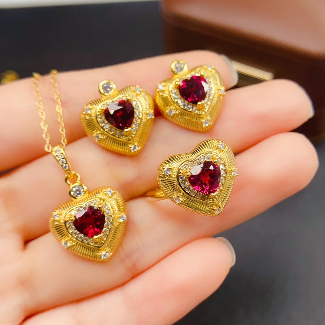 Natural Garnet 3PCS Jewelry Set | Heart Shape Heavy Craft Ring Pendant Earrings | 6*6mm Genuine Stone | 925 Silver Valentines Day Gift | Full Set For Women