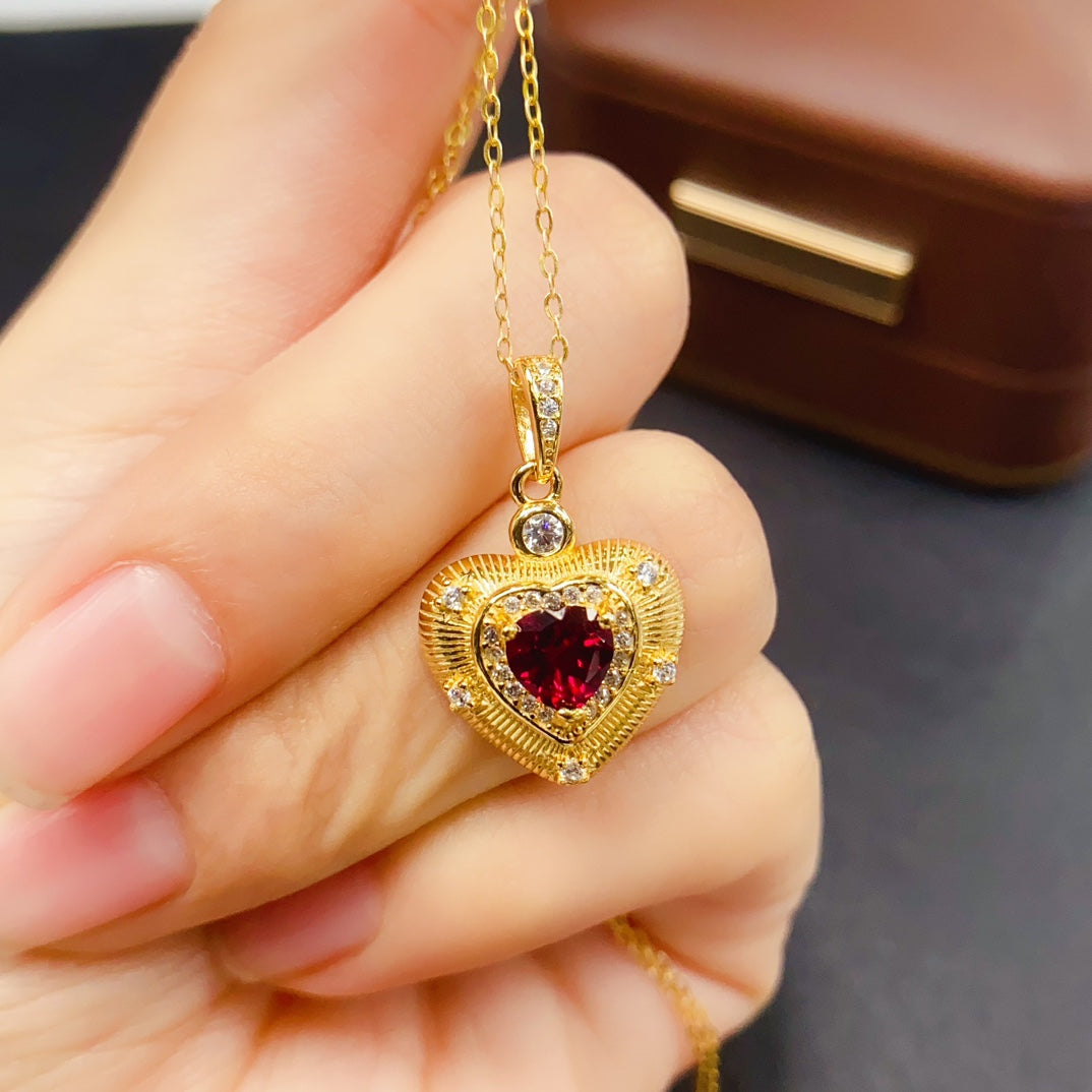 Natural Garnet 3PCS Jewelry Set | Heart Shape Heavy Craft Ring Pendant Earrings | 6*6mm Genuine Stone | 925 Silver Valentines Day Gift | Full Set For Women